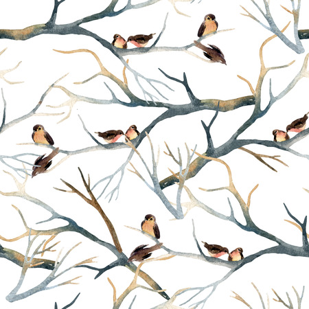 Watercolor birds on the tree branches. Flock of birds in winter. Hand painted seamless patternの写真素材