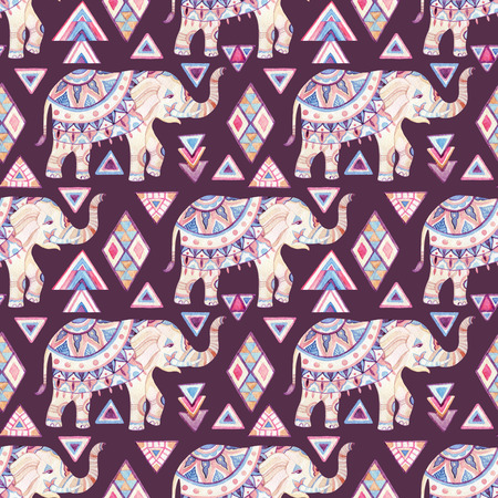 Watercolor indian elephant with tribal ornament elements. Ornate elephant seamless pattern on tribal background in bohemian style. Hand drawn illustration for design in tribal or boho stylesの写真素材
