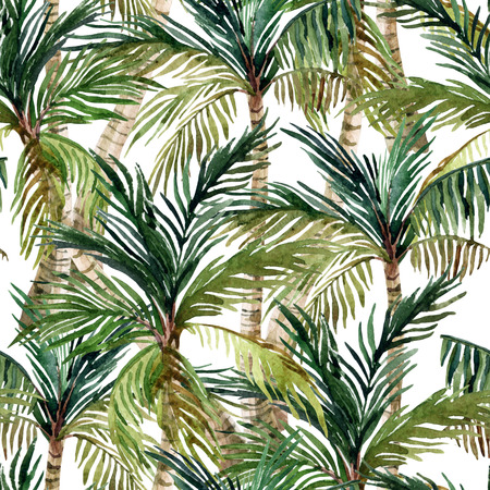 Watercolor palm tree seamless pattern. Tropical palm background. Hand painted illustrationの写真素材