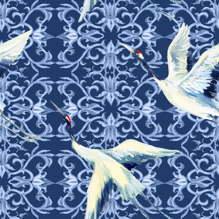 Asian seamless pattern. Watercolor crane bird seamless pattern. Hand painted illustrations on white backgroundの写真素材
