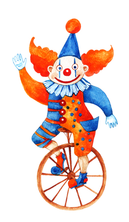 The funny clown on unicycle. Circus background, watercolor illustration.の写真素材