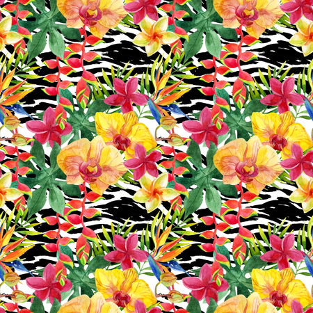 Tropical watercolor flowers and leaves on animal print. Colorful exotic flowers on animal skin texture. African wild tiger skin and orchids seamless pattern. Hand painted watercolor illustrationの写真素材
