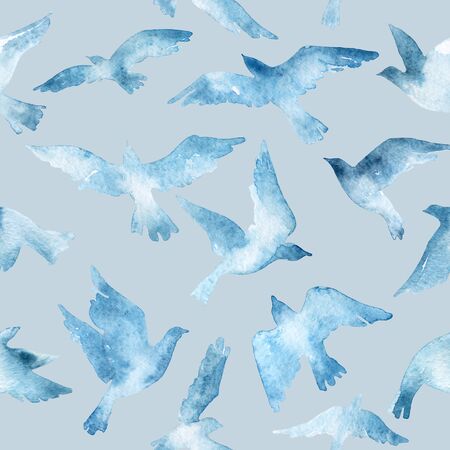Abstract flying bird flock with watercolor texture on grey background. Birds silhouettes seamless pattern. Hand painted animal illustrationの写真素材