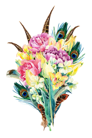 Watercolor flowers bouquet. Watercolor floral garden card with tulip, daffodil, peony and feathers. Flowers isolated on white background. Floral illustration for greetings, invitations, wedding designの写真素材