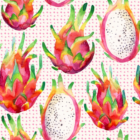 Watercolor dragon fruit seamless pattern on doodle background. Watercolor pitaya retro background. Hand painted exotic fruit illustrationの写真素材