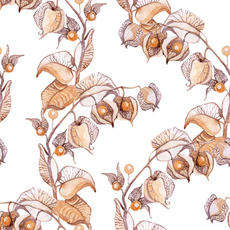 Winter cherry watercolor seamless pattern. Hand painted bnackgroundの写真素材