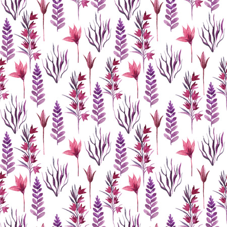 Seamless pattern with pink flowers and herbs. Watercolor hand painted illustration.の写真素材