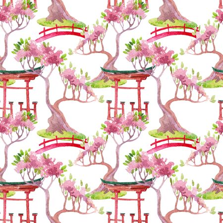 Watercolor bonsai tree, footbridge and shrine gate illustration. Hand painted japanese seamless patternの写真素材