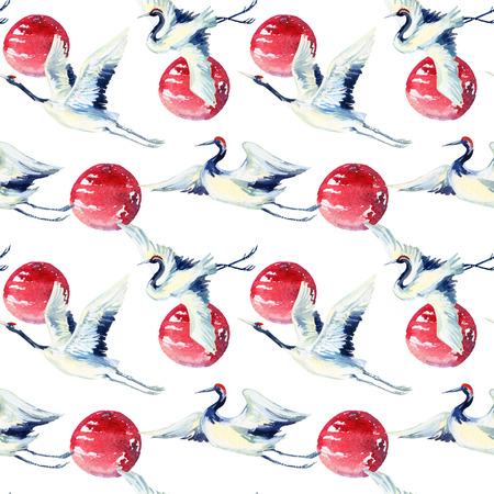 Watercolor asian crane bird seamless pattern. Hand painted traditional illustration on white backgroundの写真素材