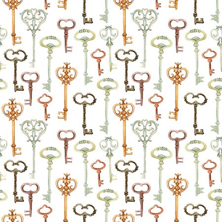 Retro keys seamless pattern. Antiques key cover for your design. Hand painted illustration on white backgroundの写真素材