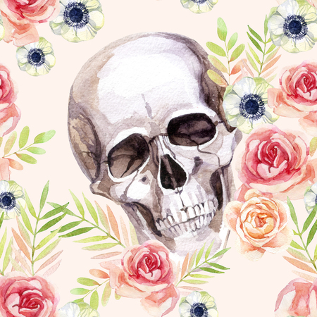 Watercolor human skull among the flowers seamless pattern. Watercolour skull background in boho style. Hand painted vintage illustrationの写真素材