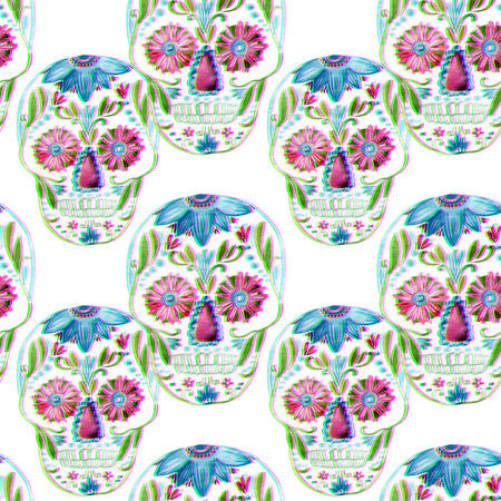 Mexican sugar skull ornate with flowers seamless pattern. Day of the dead holiday background with watercolor paper texture. Hand painted illustration with double color exposure glitch effectの写真素材