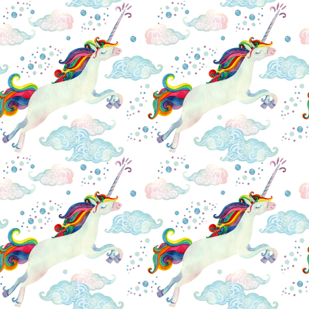 Watercolor fairy tale collection with flying unicorn, rainbow, magic clouds and rain on white background. Hand painted fairy tale elements for kids, children designの写真素材