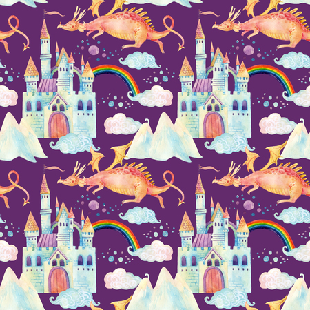 Watercolor fairy tale seamless pattern with cute dragon, magic castle, little princess crown, mountains and fairy clouds on purple background. Hand painted illustration for kids, children designの写真素材