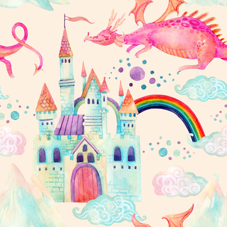 Watercolor fairy tale seamless pattern with cute dragon, magic castle, little princess crown, mountains and fairy clouds on pastel background. Hand painted illustration for kids, children designの写真素材