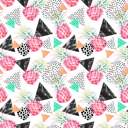 Watercolor pineapple and textured triangles seamless pattern. Summer background with hand drawn ink textures and exotic fruit art. Watercolour abstract illustrationの写真素材