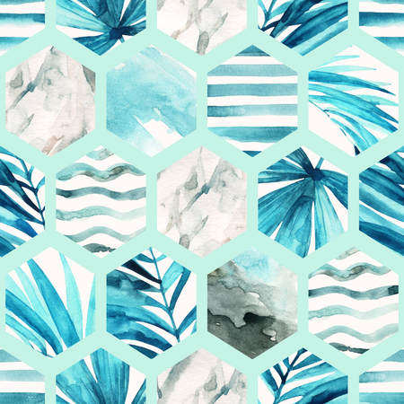Abstract geometric seamless pattern on pastel background. Watercolor hexagon with palm leaves, waves, stripes and water color marble, grained, grunge, paper textures. Hand painted summer illustrationの写真素材
