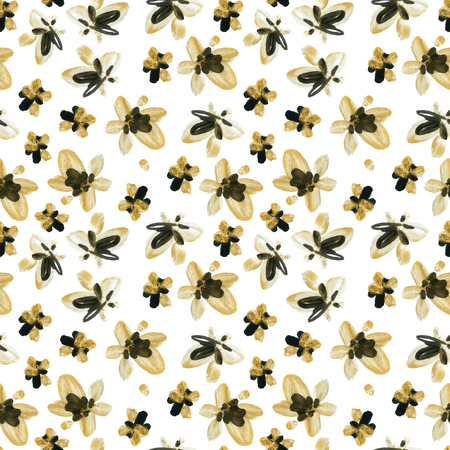 Abstract watercolor golden and black flowers seamless pattern. Abstract floral elements with grunge texture painted by dry brush strokes background in boho style. Hand painted illustrationの写真素材