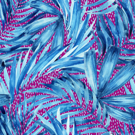 Watercolor tropical leaves seamless pattern. Watercolour palm leaves painting in minimal style Hand painted illustration for summer design on textured background.の写真素材