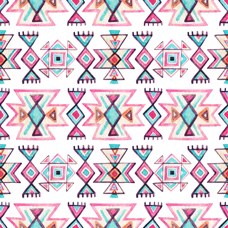 Watercolor ethnic seamless pattern. Geometric ornament with ornate tribal elements on white background. Hand painted illustration in authentic styleの写真素材