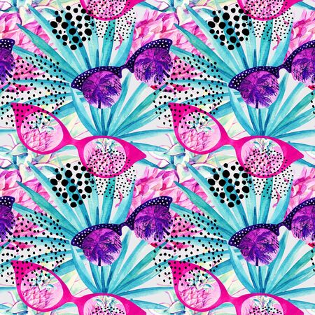 Abstract summer seamless pattern. Sun glasses with palm tree, fan palm leaf, pineapple, grunge texture background. Sunglasses in retro vintage 80s, 90s style. Hand painted tropical illustrationの写真素材