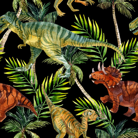 Dinosaur watercolor seamless pattern. Dinosaurs in jungles. Hand painted illustrationの写真素材