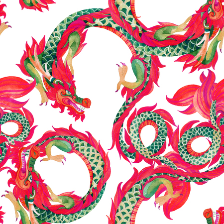 Chinese Dragon seamless pattern. Traditional symbol of dragon. Watercolor hand painted illustration on white background.の写真素材