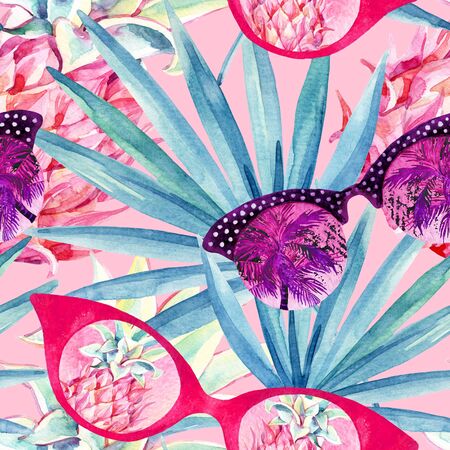 Abstract summer seamless pattern. Sun glasses with palm tree, fan palm leaf and pineapples on pastel colored background. Sunglasses in retro vintage 80s or 90s style. Hand painted beach illustrationの写真素材
