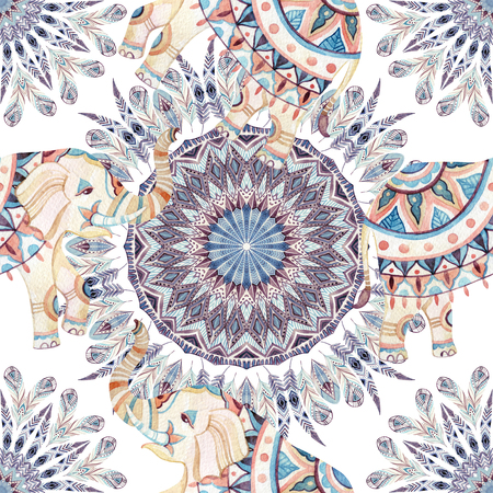 Watercolor ethnic elephant and feather mandala background. Abstract feather mandala seamless pattern with ornate indian elephants on white background. Hand painted illustration for boho, tribal designの写真素材