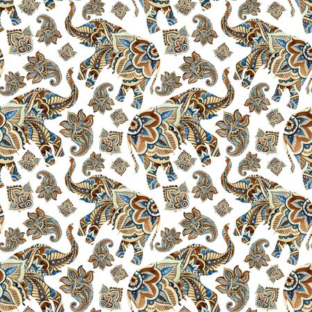 Watercolor ethnic elephant with paisley elements background. Abstract indian seamless pattern with paisley ornament on white background. Hand painted illustration for boho, tribal designの写真素材