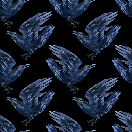 Raven watercolor illustration. Flying black raven seamless pattern.の写真素材