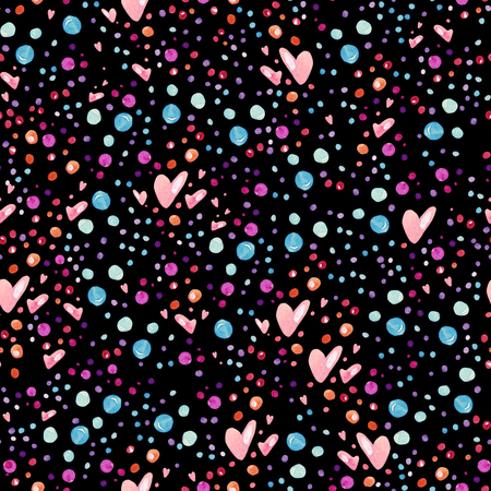 Watercolor seamless pattern with bubbles and hearts. Lovely background in cartoon style. Hand painted abstract illustrationの写真素材