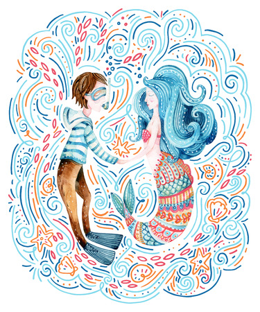 Watercolor sailor and mermaid in love surrounded by doodle waves, sea star, seashell. Cute marine characters. Hand painted sea cartoon illustrationの写真素材