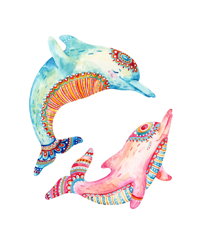 Watercolor pair of lovely dolphins isolated on white background. Dolphin leaps out. Hand painted cute animal illustrationの写真素材