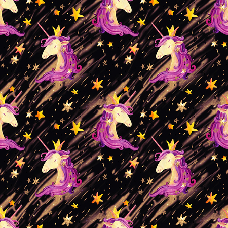 Watercolor unicorn seamless pattern. Fairy tale background with cute unicorn princess, shine stars, sparkles, flash. Hand painted illustration for kids, children designの写真素材