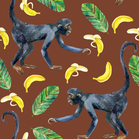 Monkey and banana seamless pattern. A cute monkey and exotic fruits. Watercolor hand painted illustrationの写真素材