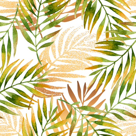 Watercolor tropical leaves seamless pattern. Watercolour and golden graphic palm leaf painting. Hand painted illustration for summer design. Water color exotic background.の写真素材
