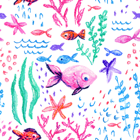 Crayon childlike marin seamless pattern. Underwater sea, ocean life childish drawing. Cute whale, fishes, starfish, corals on white background. Hand drawn light pastel illustrationの写真素材