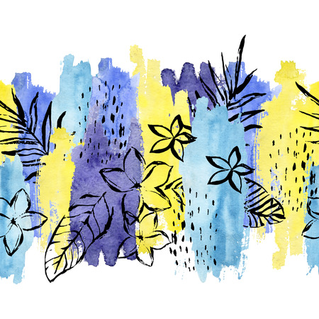 Geometric watercolor shape, tropical leaf, flower seamless pattern. Abstract drawing: palm leaves,...