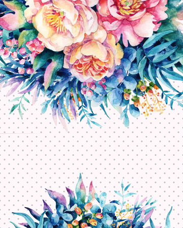 Watercolor flowers, leaves, berry, weeds background. Peony, anemone, ranunculus, meadow herbs arrangement. Hand painted watercolor illustration for floral design.の写真素材