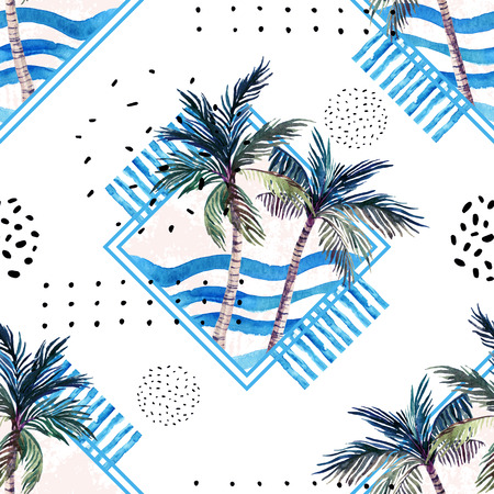 Watercolor palm tree print in geometric shape with memphis elements on white background. Unusual...