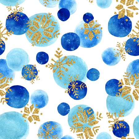 Abstract winter pattern with glittering snowflakes and watercolor circles on white background. Seamless pattern with hand painted watercolour elements and sparkling snowflake.の写真素材
