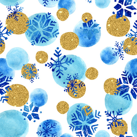Abstract winter pattern with glittering snowflakes and watercolor circles on white background. Seamless pattern with watercolour and sparkling flakes. Hand painted illustration for winter designの写真素材