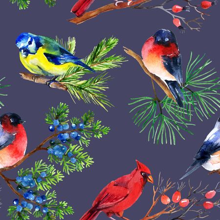 Watercolor seamless pattern with bullfinch, titmouse, cardinal and sparrow on branches. Hand painted illustrationの写真素材