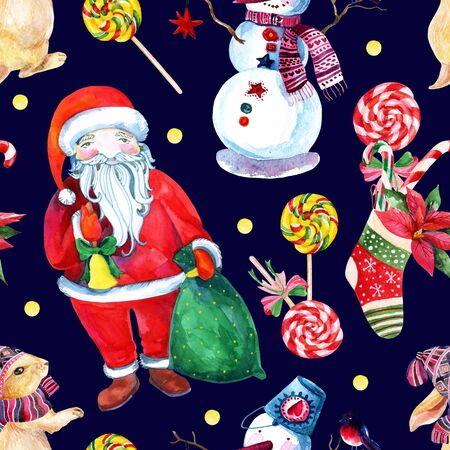 Watercolor christmas background with Santa Clause, snowman, bunny and gifts. Hand painted watercolor illustrationの写真素材
