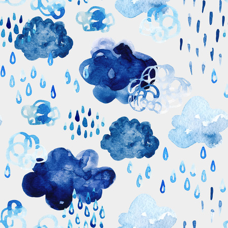 Watercolor fall shower seamless pattern. Cool watercolour clouds with raindrops background. Hand draw art illustration for autumn weather conceptの写真素材