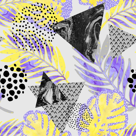 Abstract tropical leaves, flower with watercolor rough grunge texture, marbling triangles, doodles, minimal elements on grey background. Geometric floral seamless pattern. Hand painted illustrationの写真素材