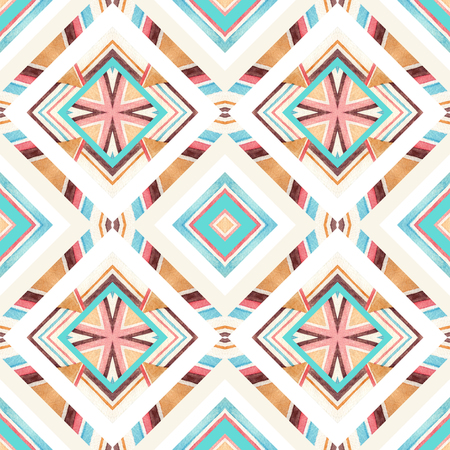 Diamond shapes with watercolor ornament. Watercolor textured seamless pattern: striped geometrical...