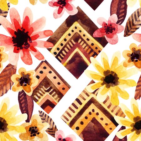 Watercolor rhombus ornament with flowers, seamless pattern. Hand painted background with geometric...