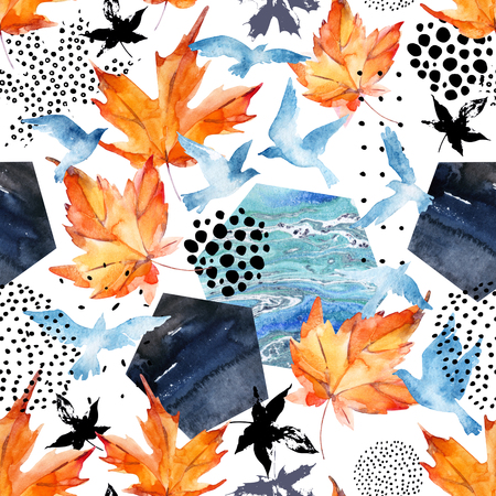 Autumn watercolor background: leaves, bird silhouettes, hexagons. Hand drawn falling leaf, flying birds, doodle, water color, scribble texture, seamless pattern, fall design. Art illustrationの写真素材